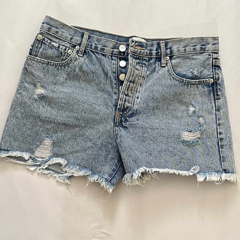 Blue Ivy Jean Shorts Denim Raw Hem Distressed Beachy Grunge Button Fly Cotton L